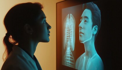Healthcare Professional Analyzing Digital Patient Hologram with Spine Scan Technology