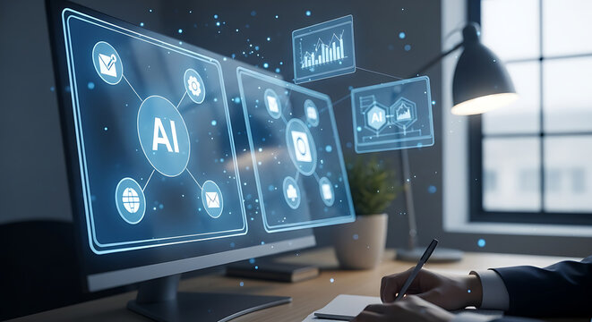 A person working at a desk with computer screens displaying AI and data visualizations.