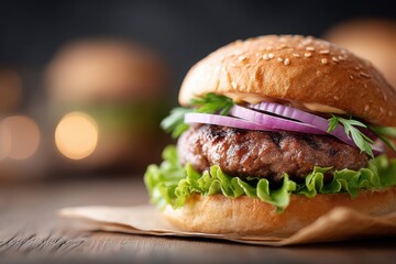 Enjoying a delicious bison burger topped with fresh vegetables on a rustic wooden table