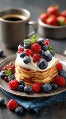Gourmet breakfast inspiration with a stacked pancake presentation layered with smooth yogurt and bright berries inviting viewers to experience a burst of flavor in every mouthful.