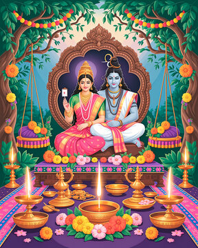 depiction of the Teej festival, celebrating the divine union of Goddess Parvati and Lord Shiva. Show traditional decorations, lush greenery, and festive elements like swings, henna designs