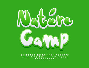 Vector Green concept Nature Camp. Handwritten White and Green Font. Funky Alphabet Letters and, Numbers set.