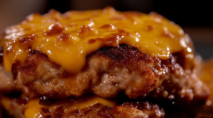 Cheesy burger with melted cheese on top, showcasing deliciously grilled patty. rich texture and flavor create appetizing experience