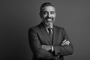 Confident Businessman Posing with Crossed Arms in Monochrome Photograph Skillfully Captured Demonstrating Success and Leadership in Corporate Attire