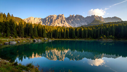 Obraz premium Alpine lake reflection sunset.