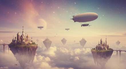 Floating islands in a parallel universe with futuristic zeppelins, analog tech buildings, and rainbow skies, blending dreamy fantasy with vintage sci-fi aesthetics.
