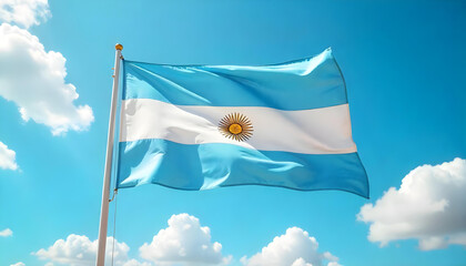 Argentinian National Flag Waving Against Clear Blue Sky with Sun of May Symbol for Independence, Patriotism, National Day Celebration, and Latin America Heritage