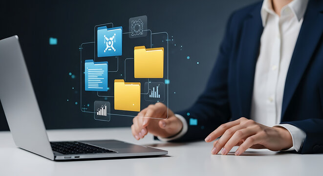 A person in a suit interacts with a laptop, accessing digital files and icons.