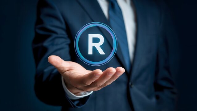 A businessman presents a glowing registered trademark symbol, embodying intellectual property protection and brand ownership in a modern and professional setting for business ventures.