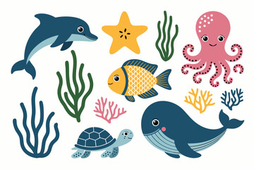 Fototapeta premium Colorful Sea Animal Illustration Dolphin, Whale, Octopus, Starfish, Fish, Turtle with Seaweed Elements