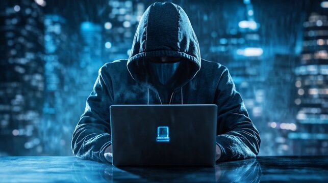 Mysterious Hacker in the City at Night, Engaged in Cybercrime Activity