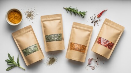 Overhead shot of four spice filled pouches with rosemary and chili pepper on a white background