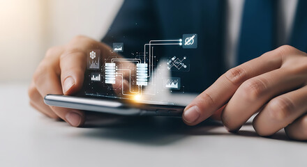 A businessman holding a smartphone with digital data icons overlaid, symbolizing technology.