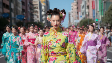 Fototapeta premium Women in Vibrant Kimonos Marching During the Hakata Dontaku Festival in Fukuoka’s City Parade
