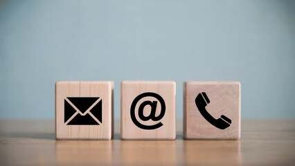 Contact us concept represented by wooden blocks displaying mail, email and phone icons, emphasizing support, assistance and communication channels for customer services.
