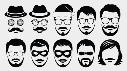 Featuring Variety of Black and White Silhouetted Faces, Hats, Glasses, and Mustaches