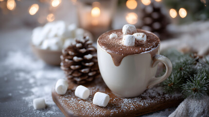 Fototapeta premium Warm Winter Cozy Hot Chocolate with Marshmallows: Festive Holiday Drink with Seasonal Decor and Pine Cones