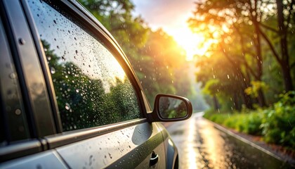 Car window, rain, trees, sunlight