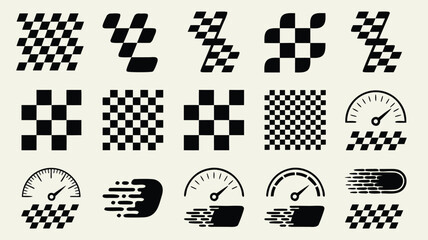 Variety of Black and White Checkered Flags, Speedometers, and Motion Graphics on Beige Background