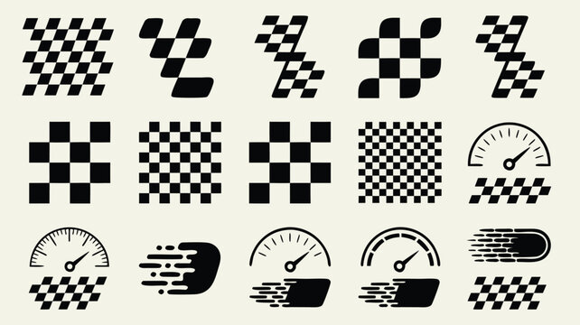 Variety of Black and White Checkered Flags, Speedometers, and Motion Graphics on Beige Background