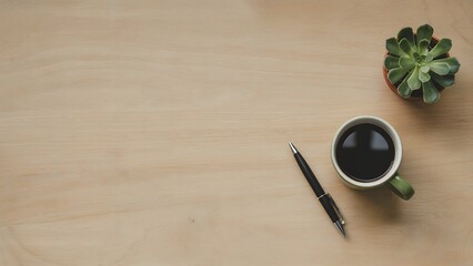 A tranquil workspace with a steaming coffee cup, succulent plant, and sleek pen arranged on a light wooden desk, promoting a serene and focused atmosphere