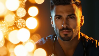 Confident Male Doctor with Stethoscope in Dramatic Golden Light and Bokeh