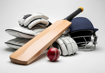 Cricket kit arrangement featuring a wooden cricket bat with a black grip, positioned diagonally. 