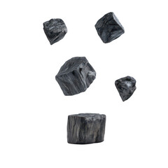 Five dark grey, irregular cubes, seemingly floating