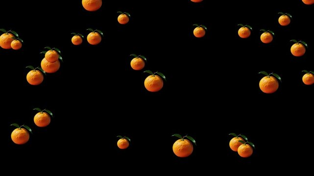 Animated Oranges Falling On Black Background  Dynamic Fruit Pattern Loop, Falling Whole Oranges, Symbolizing Freshness, Vitamin C, And Healthy Eating Habits.fresh Ripe Oranges With Green Leaves On A B
