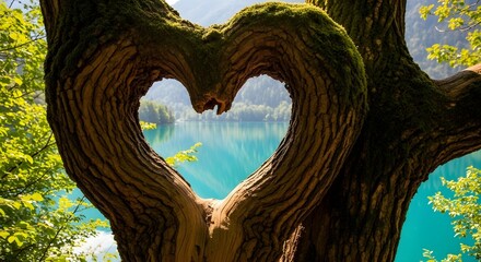 Heart-shaped tree trunk framing a beautiful blue lake and green forest. Love for nature and environmental conservation concept.