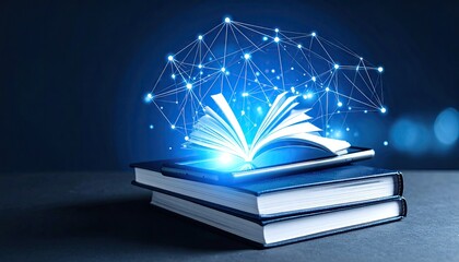 Open book with digital network overlay