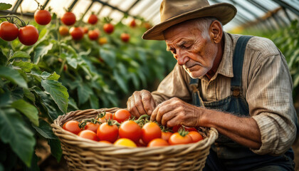 A man is picking tomatoes in a greenhouse