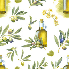 Seamless pattern watercolor olive oil bottle branch green. Hand painted floral illustration olives fruit tree branches leaves transparent background. Drawings food. Edible foliage. For fabric wrapping