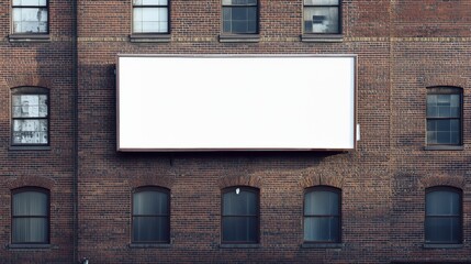 Blank white billboard on brick building facade in urban setting