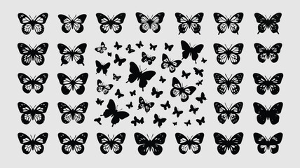 Naklejka premium Assorted Black Butterfly Silhouettes in Rows and Clusters Against Light Background Illustration