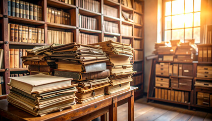 Obraz premium Antique Books Library Stack Sunlight.