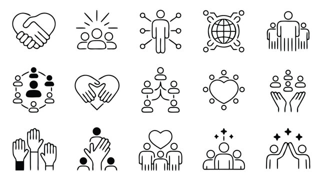 Black and White Outline Icons of Community, Teamwork, Collaboration, and Support Concepts - Powered by Adobe