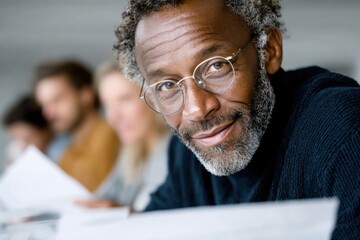 Middle-aged Black man reviewing contracts with clients in colorful office setting