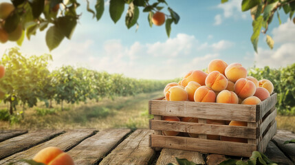 A wooden box with ripe apricots stands on the table