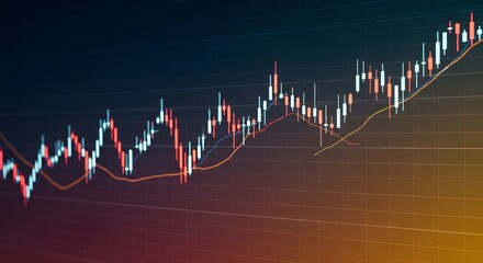 Stock market chart showing upward trend with candlesticks, indicators, and grid for financial analysis