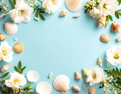 Floral seashell border on pastel blue