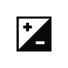 Obraz premium Minimalist black and white icon showing a square divided diagonally, featuring a plus sign in the white half and a minus sign in the black half. Ideal for science, electronics, or contrast design them