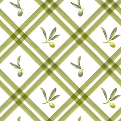 Seamless pattern watercolor green olives branch plaid tartan stripes. Hand painted floral illustration olive fruit, tree branches, leaves transparent background. Drawings food. Edible foliage.
