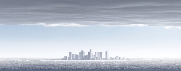 trauma Book Trauma Futuristic city skyline under a dramatic stormy sky with dark clouds and bright horizon, modern high-rise buildings in a snowy landscape, dystopian urban scene