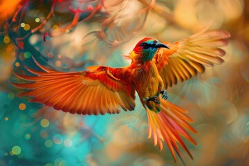 Exotic bird flying with orange wings wide open and bokeh effect in a surreal background, concept of freedom and wildlife