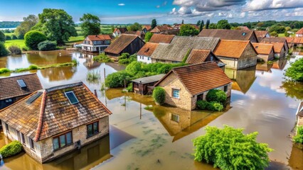 Naklejka premium Flooded village houses with waterlogged roofs and overgrown vegetation