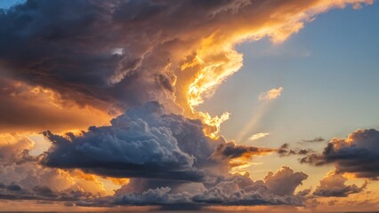 Naklejka premium Golden sun rays pierce through dramatic storm clouds at sunset, creating a breathtaking sky