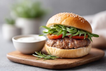 Delicious burger with fresh toppings served on a wooden board