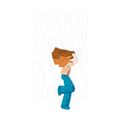 Boy with jacket above his head is running in the rain