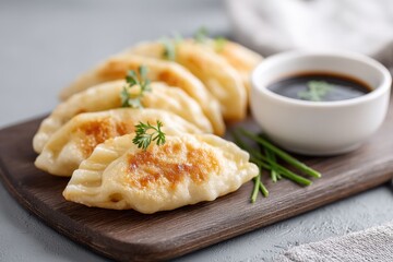 Delicious dumplings served with dipping sauce on a wooden cutting board